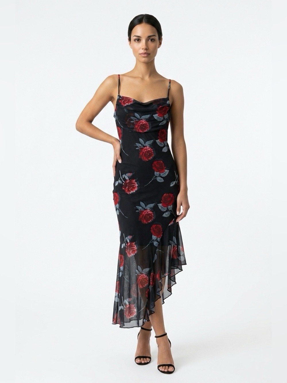 Almost Famous Black Slip Dress with Red Rose Print